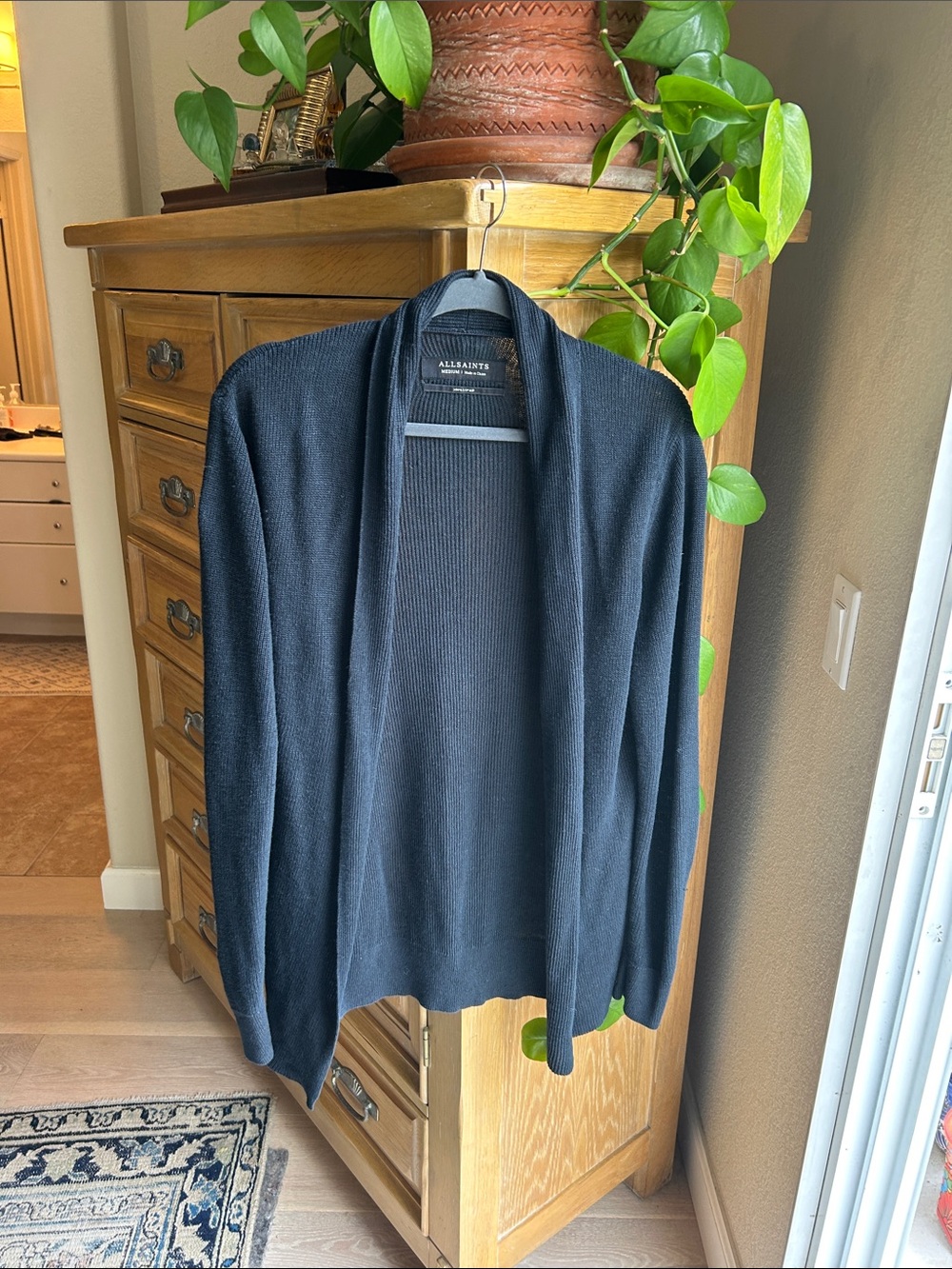 AllSaints Men’s Black Open-Front Cardigan Sweater